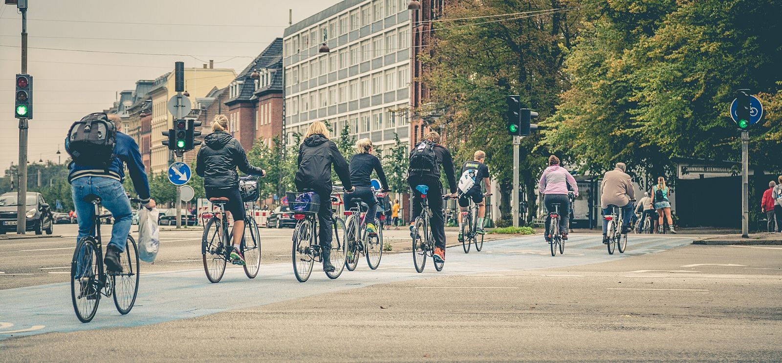 Commuters cycling through Copenhagen, Denmark